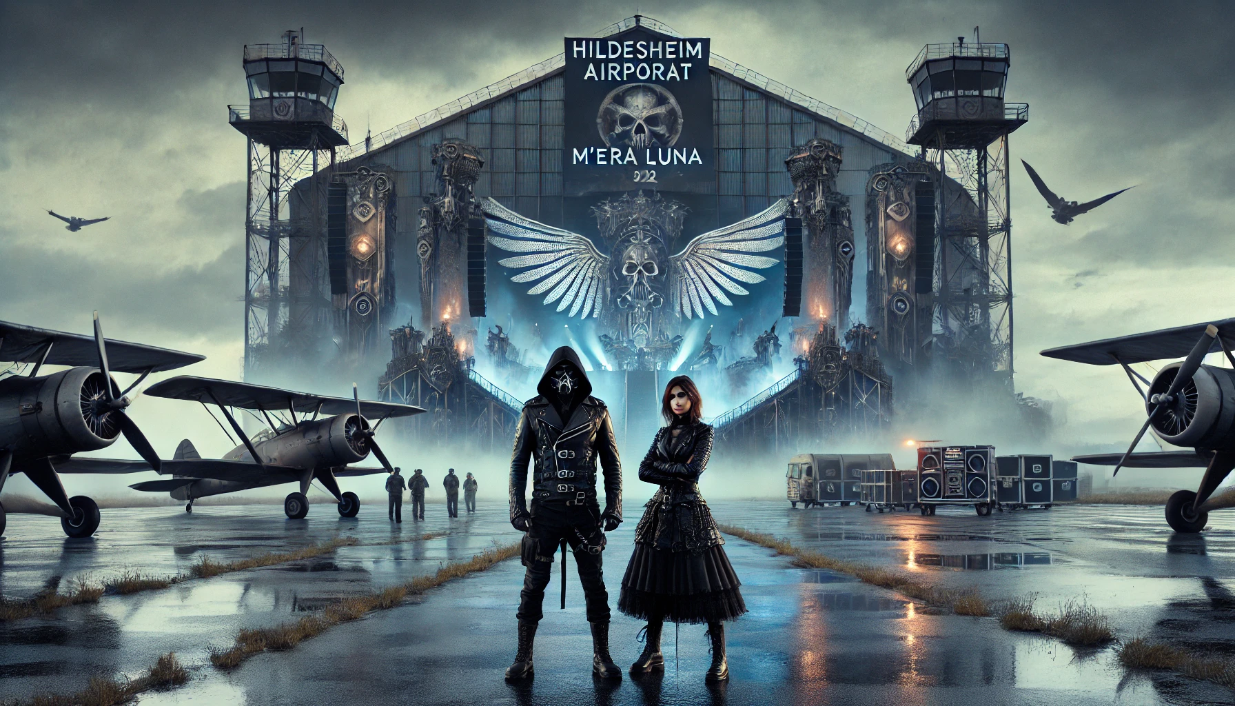 Gothic man and woman standing in front of a stage at Hildesheim Airport, with large hangars and gothic decorations for M'era Luna 2024 festival. 