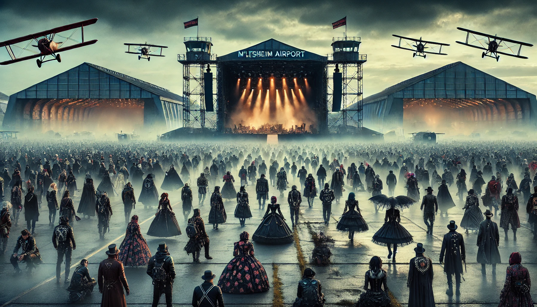 Crowd of gothic festival-goers walking towards a large stage set up at Hildesheim Airport, with hangars and planes in the background at M'era Luna 2024. 
