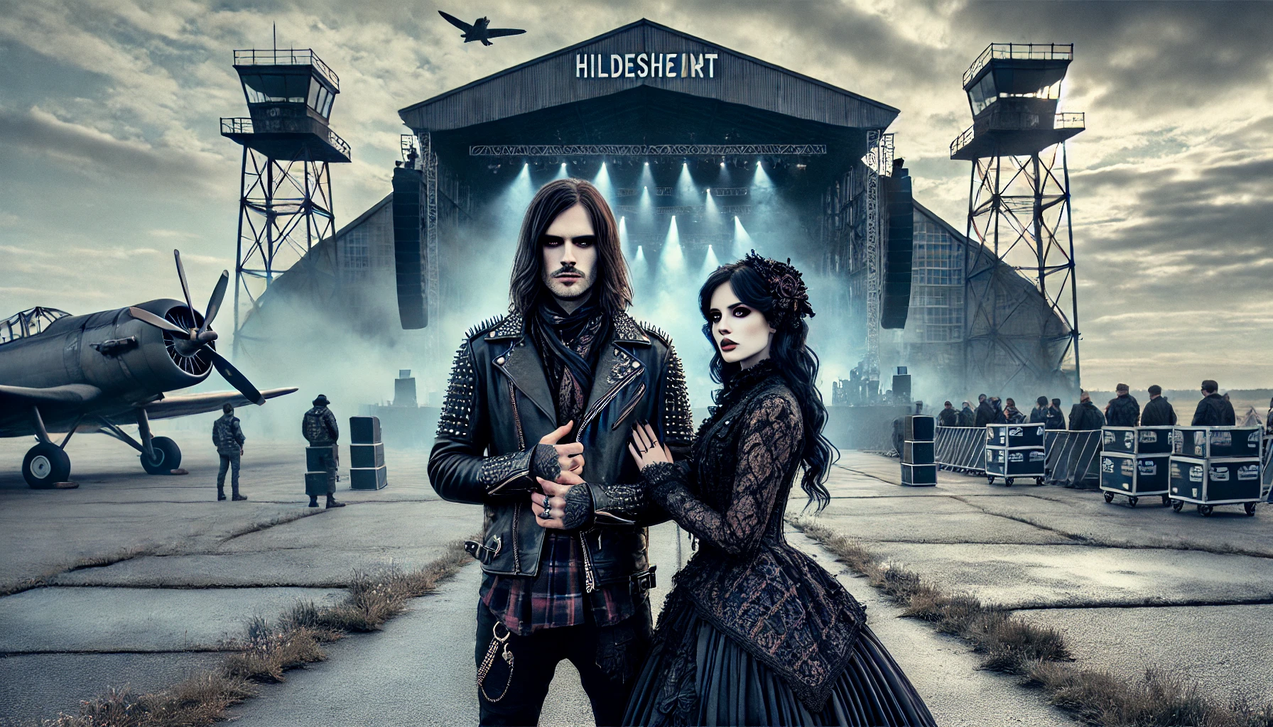 Gothic man and woman standing together in front of a large hangar with a stage inside, set up at Hildesheim Airport for M'era Luna 2024 festival.