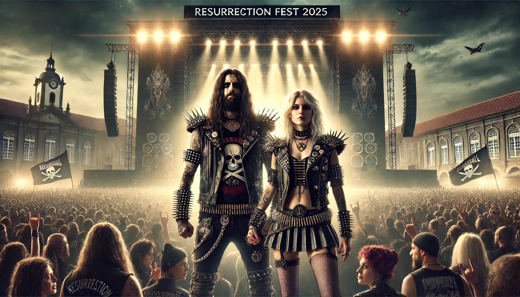 Metalhead man and woman standing in front of a large stage at Resurrection Fest 2025, surrounded by a crowd of metalheads, with intense lighting and a coastal town setting in Viveiro, Spain.