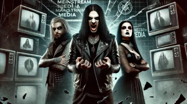 A trio of intense metalhead individuals, with one man shouting in front of a background filled with broken TV screens, symbolizing rebellion against mainstream media manipulation.