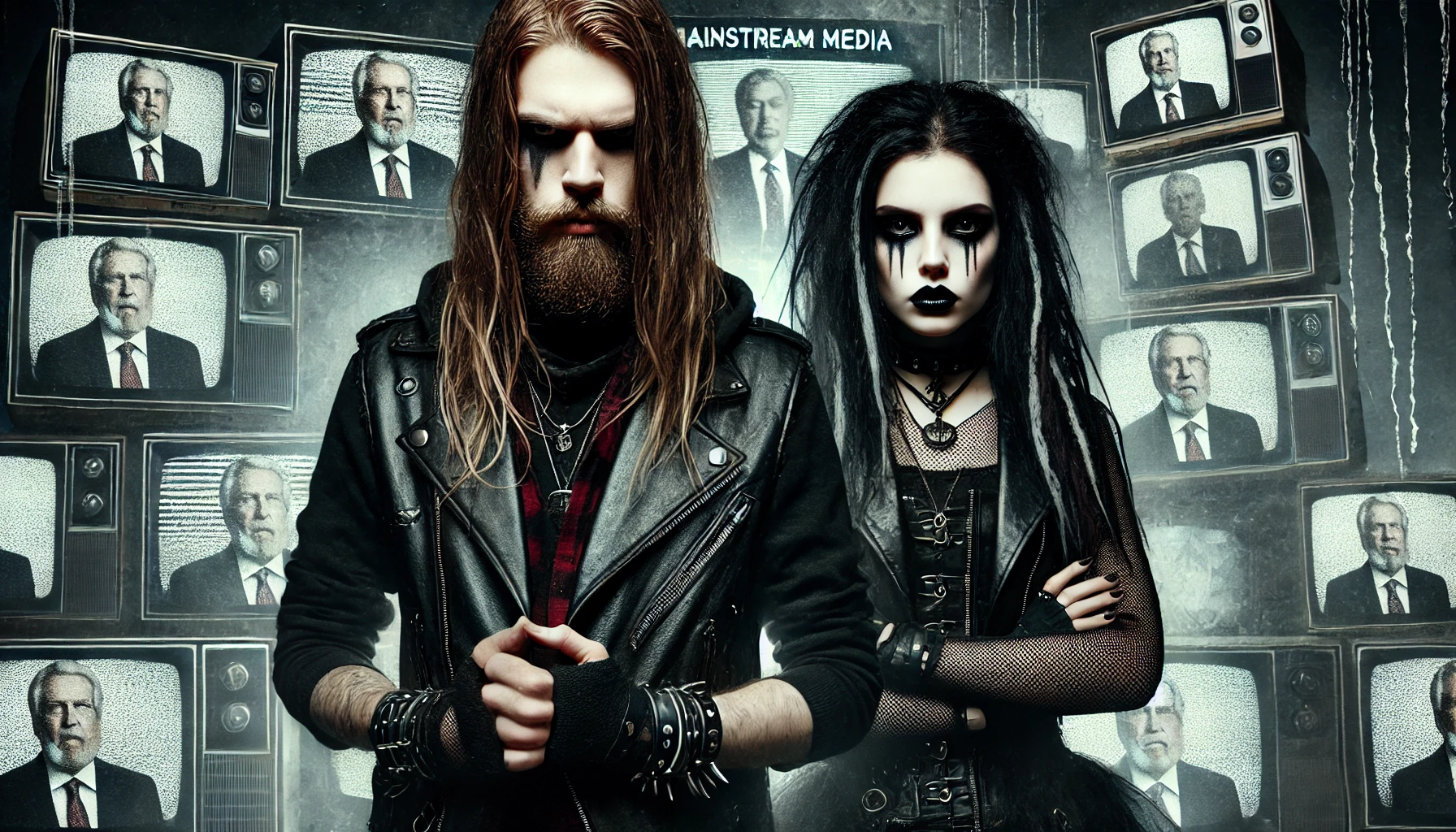 A rugged metalhead man with long hair and a gothic woman with dramatic makeup standing in front of multiple TV screens showing the same news anchor, symbolizing the monotony and bias of mainstream media.