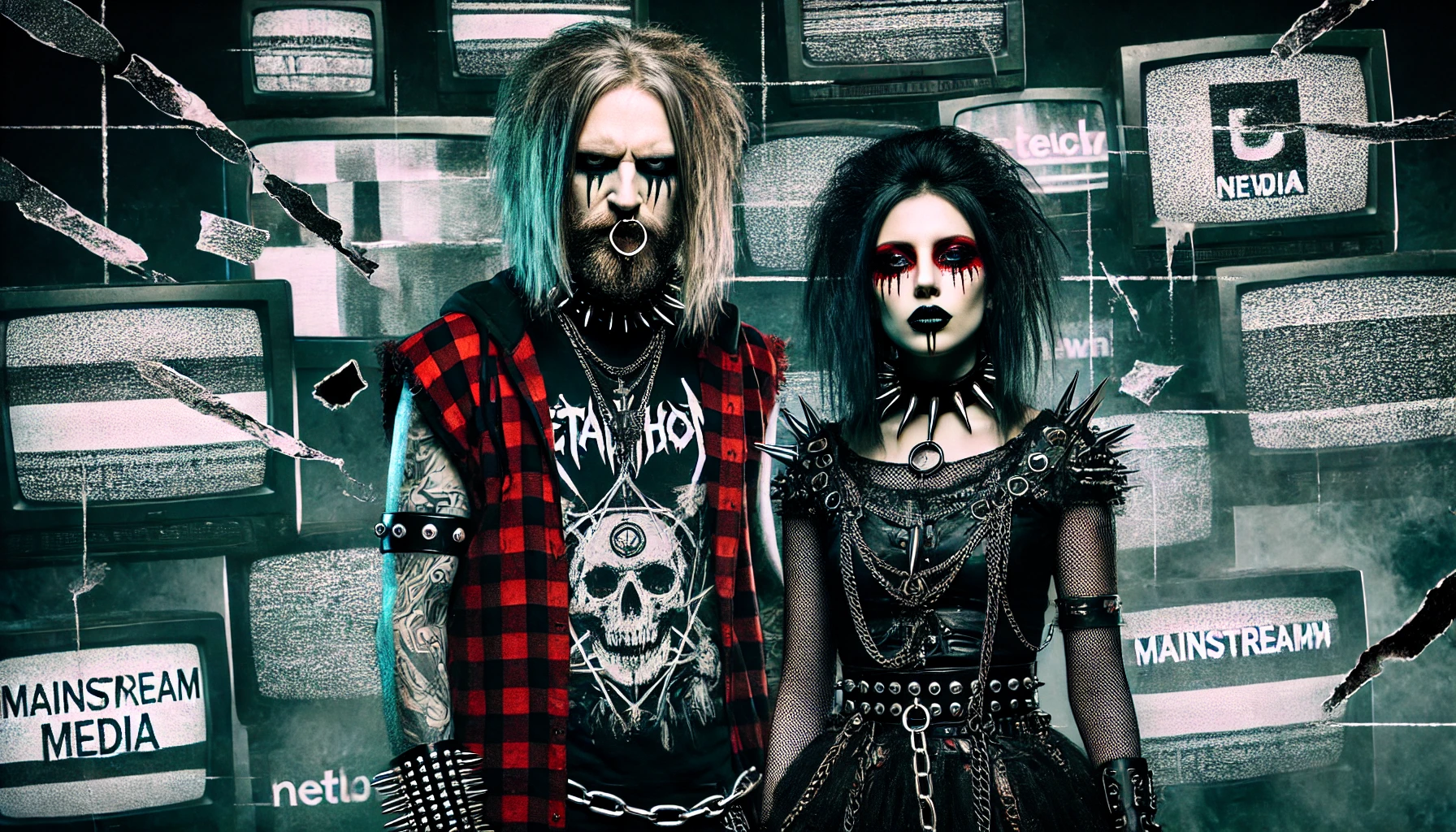 A defiant metalhead man in a flannel and leather jacket standing with a gothic woman, surrounded by shattered and glitching television screens, representing rebellion and distrust in mainstream media.
