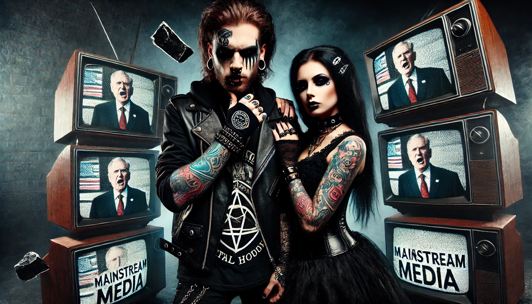 A fierce metalhead man with tattoos and a gothic woman standing in front of stacked, broken TV screens showing distorted political figures, symbolizing skepticism towards mainstream media.