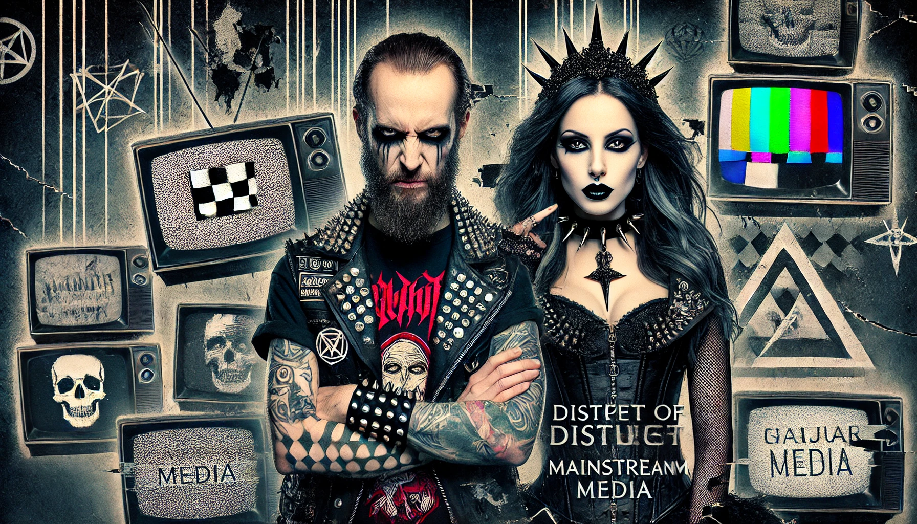 A metalhead man with a scowl and a gothic woman standing in front of glitching TV screens with distorted media logos, representing the breakdown of trust in mainstream media