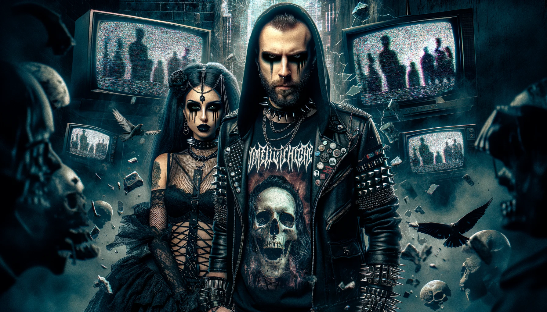 A stern metalhead man in a spiked leather jacket standing with a gothic woman in front of chaotic, broken television screens, symbolizing deep distrust and defiance towards mainstream media.