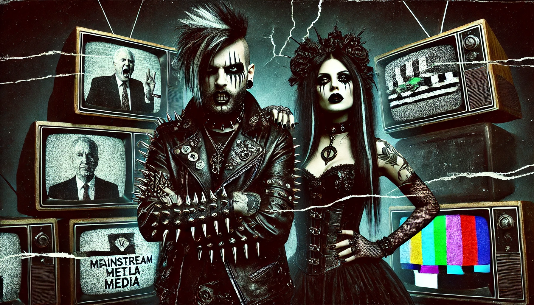 A metalhead man with spiked hair and a leather jacket standing defiantly next to a gothic woman, surrounded by glitching television screens showing corrupted media logos, representing skepticism towards mainstream media.