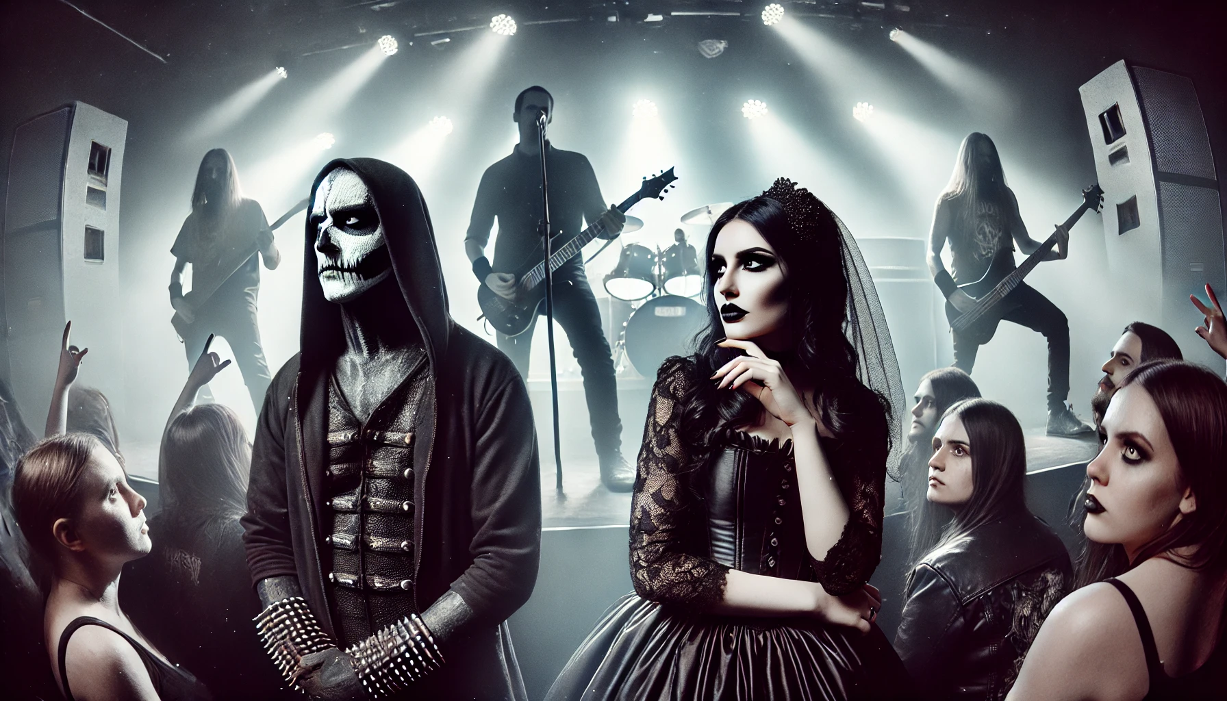 A striking image that portrays the decline of authenticity in modern metal bands, with a commercialized band performing on stage and a serious black metalhead man and gothic woman in the audience looking disillusioned.
