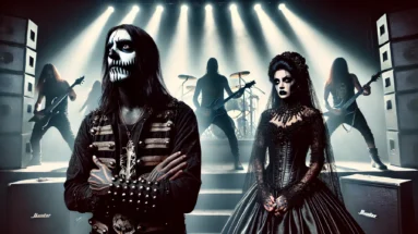 A powerful and provocative image capturing the decline of authenticity in modern metal bands, featuring a disillusioned black metalhead man and a gothic woman standing in the audience, contrasting with the overproduced band on stage.