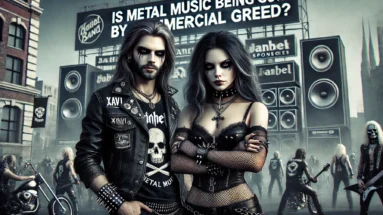 A couple standing against a large corporate-sponsored stage with defiant expressions, highlighting the contrast between their authenticity and the commercialized environment around them, emphasizing Commercial Greed.
