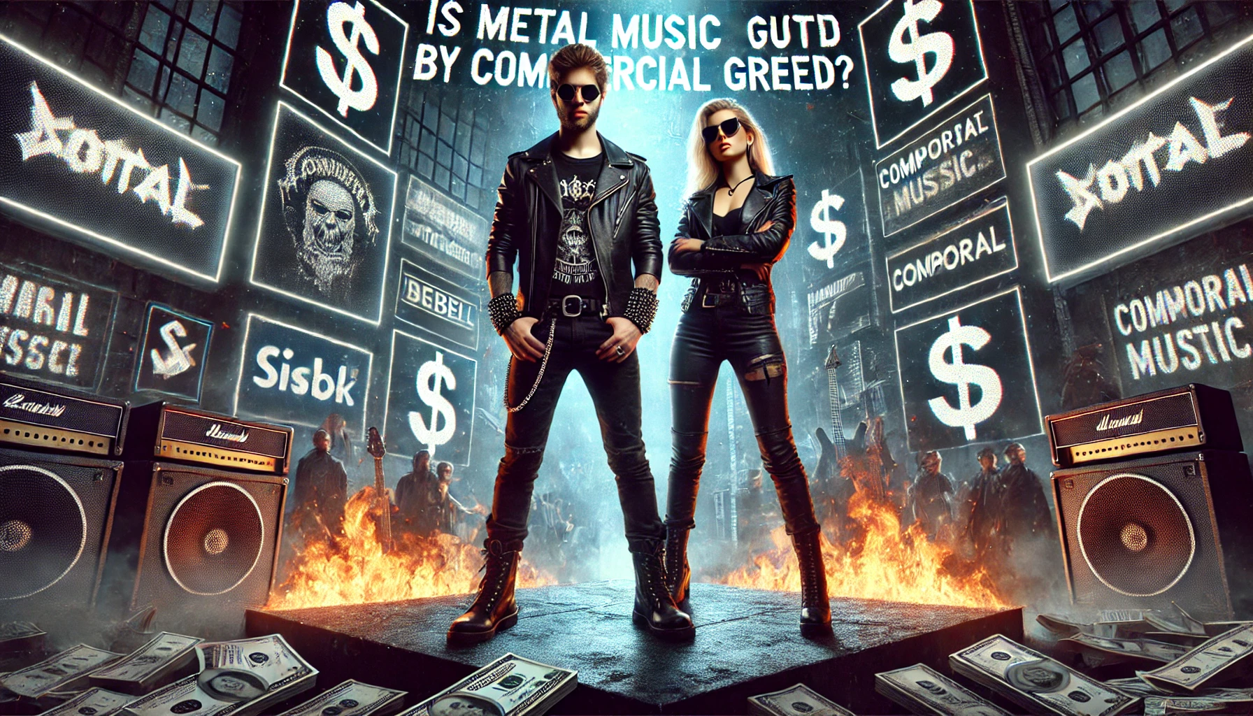 A couple standing in front of a massive corporate stage surrounded by neon dollar signs and advertising banners, representing the fight against the commercialization of metal music and Commercial Greed.