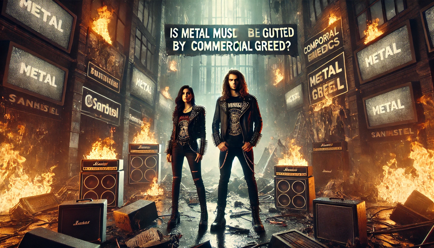 A couple standing defiantly in a dystopian cityscape with flames and crumbling corporate signs, symbolizing the fight against the commercialization of metal music and Commercial Greed.