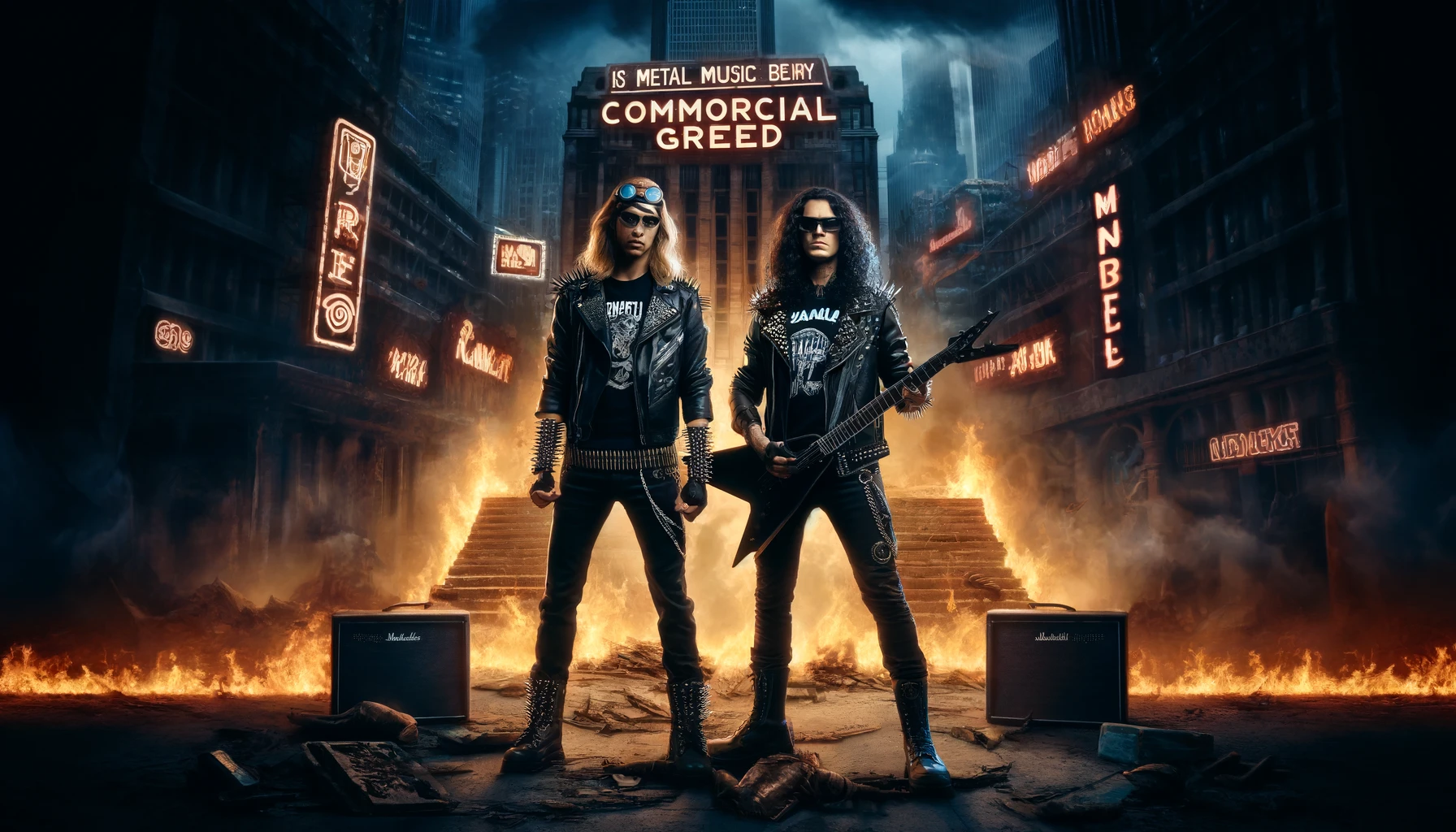 A couple standing on a burning stage in front of a crumbling city filled with neon signs and corporate greed, representing the battle for true metal against Commercial Greed.
