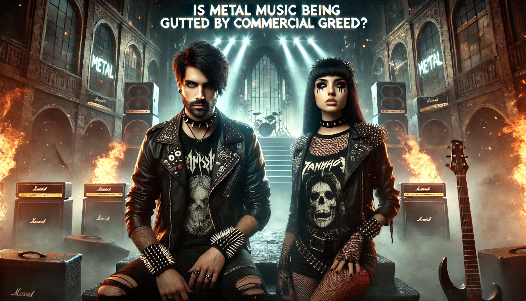 A couple standing in a decayed concert hall, surrounded by burning amplifiers and corporate logos, symbolizing the resistance against the commercialization of metal music and Commercial Greed.