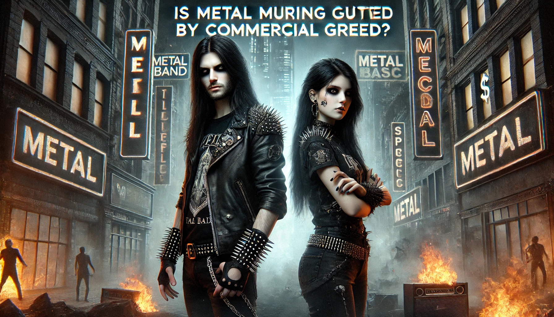 A couple, both with long black hair, standing in a dark, dystopian city with burning advertisements and neon signs, representing the battle for the soul of metal music against Commercial Greed.