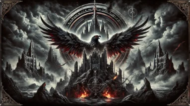 Dark and intense image inspired by Arch Enemy, featuring a fierce eagle with wings spread wide against a backdrop of stormy skies, jagged mountains, and a crumbling fortress. The design includes metallic textures and fiery accents, symbolizing strength and rebellion in deep blacks, reds, and greys