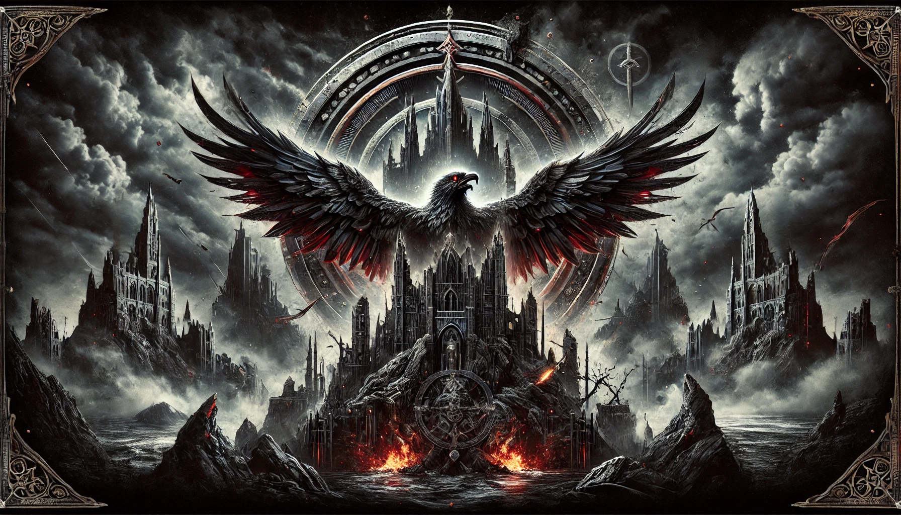 Dark and intense image inspired by Arch Enemy, featuring a fierce eagle with wings spread wide against a backdrop of stormy skies, jagged mountains, and a crumbling fortress. The design includes metallic textures and fiery accents, symbolizing strength and rebellion in deep blacks, reds, and greys