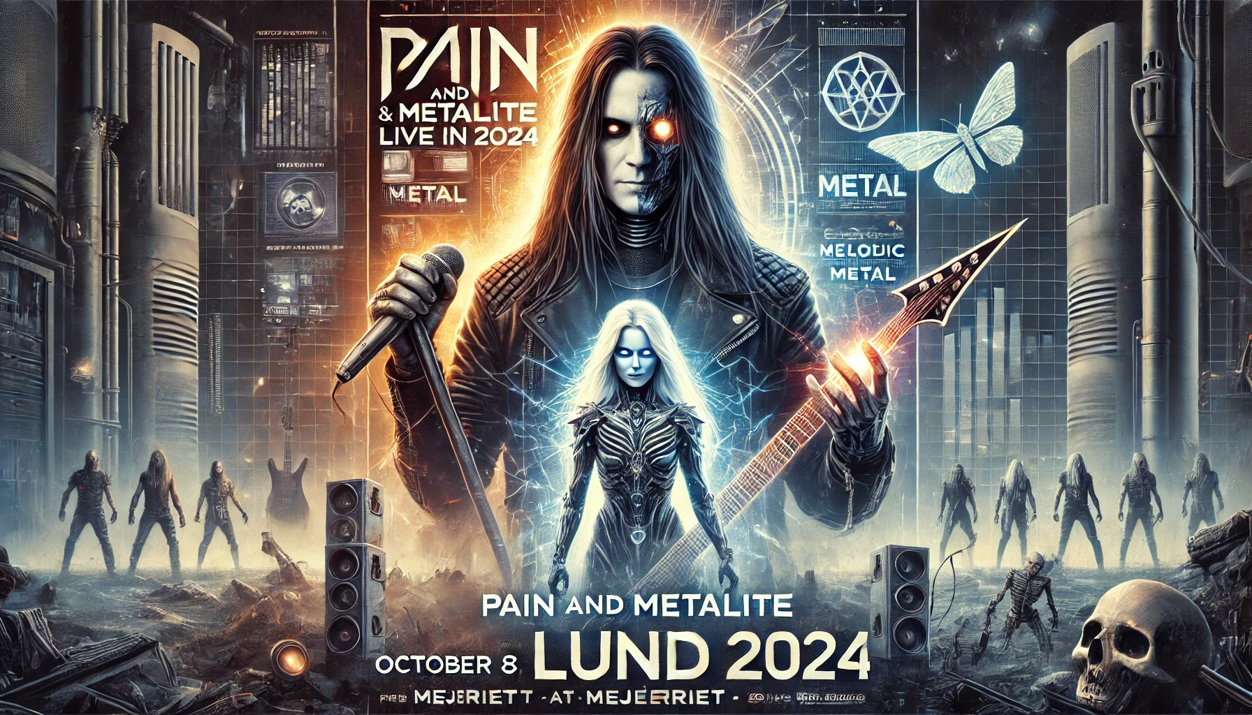 Concert poster for Pain and Metalite Live in Lund 2024 featuring Peter Tägtgren with a dark, industrial metal aesthetic, and a female figure with a glowing guitar representing Metalite, set against an apocalyptic landscape with event details.