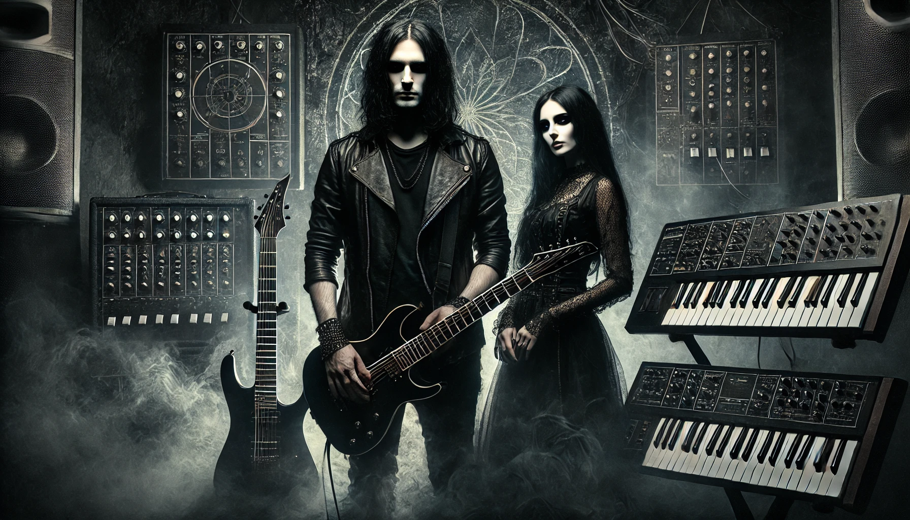 A dark and atmospheric image depicting a man and woman with long black hair, both dressed in black attire. They stand in a dimly lit, gothic environment with synthesizers and electric guitars, creating an intense, moody scene.