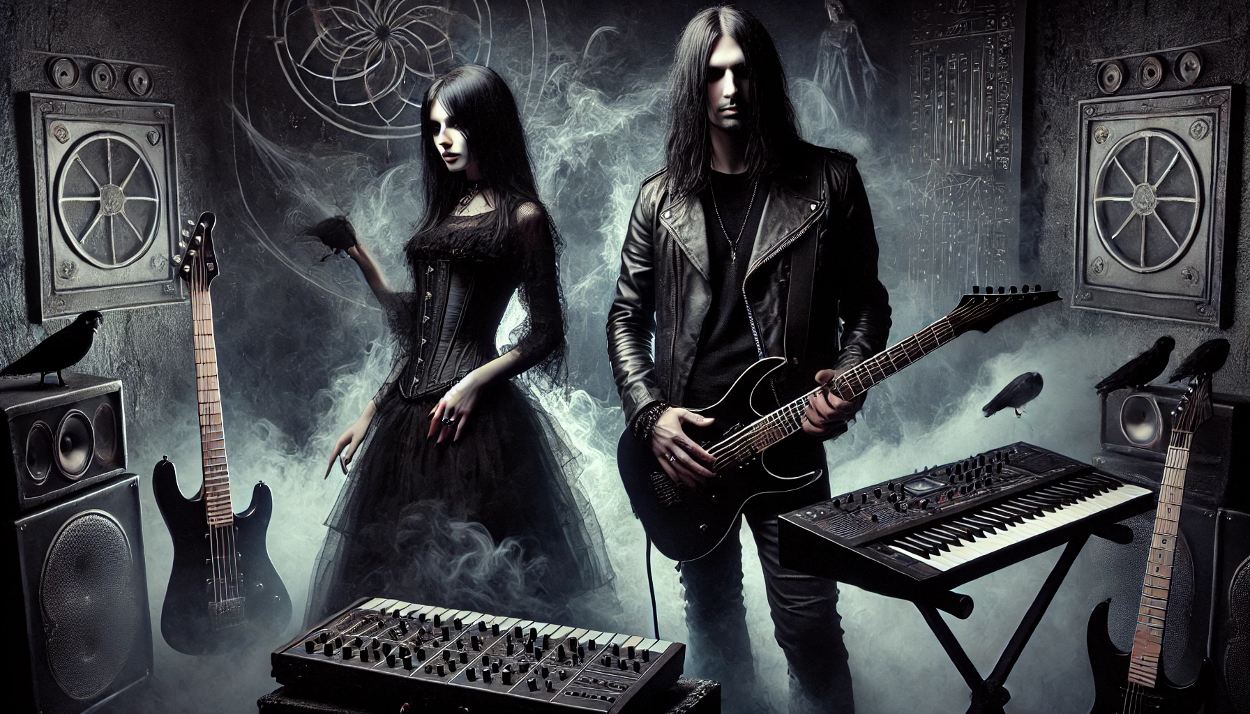 A dark and atmospheric image featuring a man and woman with long black hair, both dressed in black, standing in a gothic, shadowy environment. The scene blends metal and synth elements, with the man holding a guitar and the woman near a synthesizer.