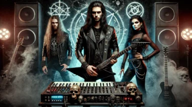 A dark, atmospheric image featuring a man and woman with long black hair, both dressed in black. They stand defiantly in a gothic, shadowy environment with synthesizers and guitars, evoking a powerful, rebellious energy.