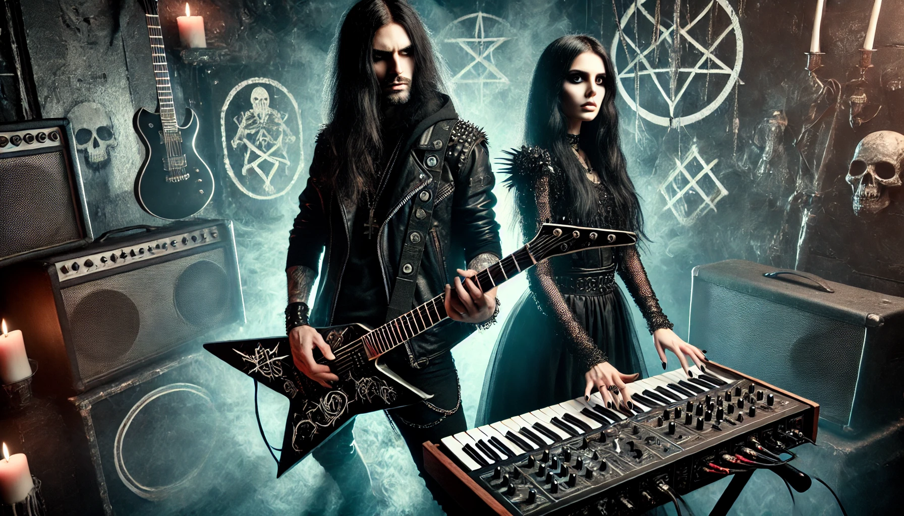 A dark and defiant scene featuring a man and woman with long black hair, both dressed in black. They stand boldly in a gothic, atmospheric environment surrounded by eerie lighting and musical instruments, challenging mainstream norms.