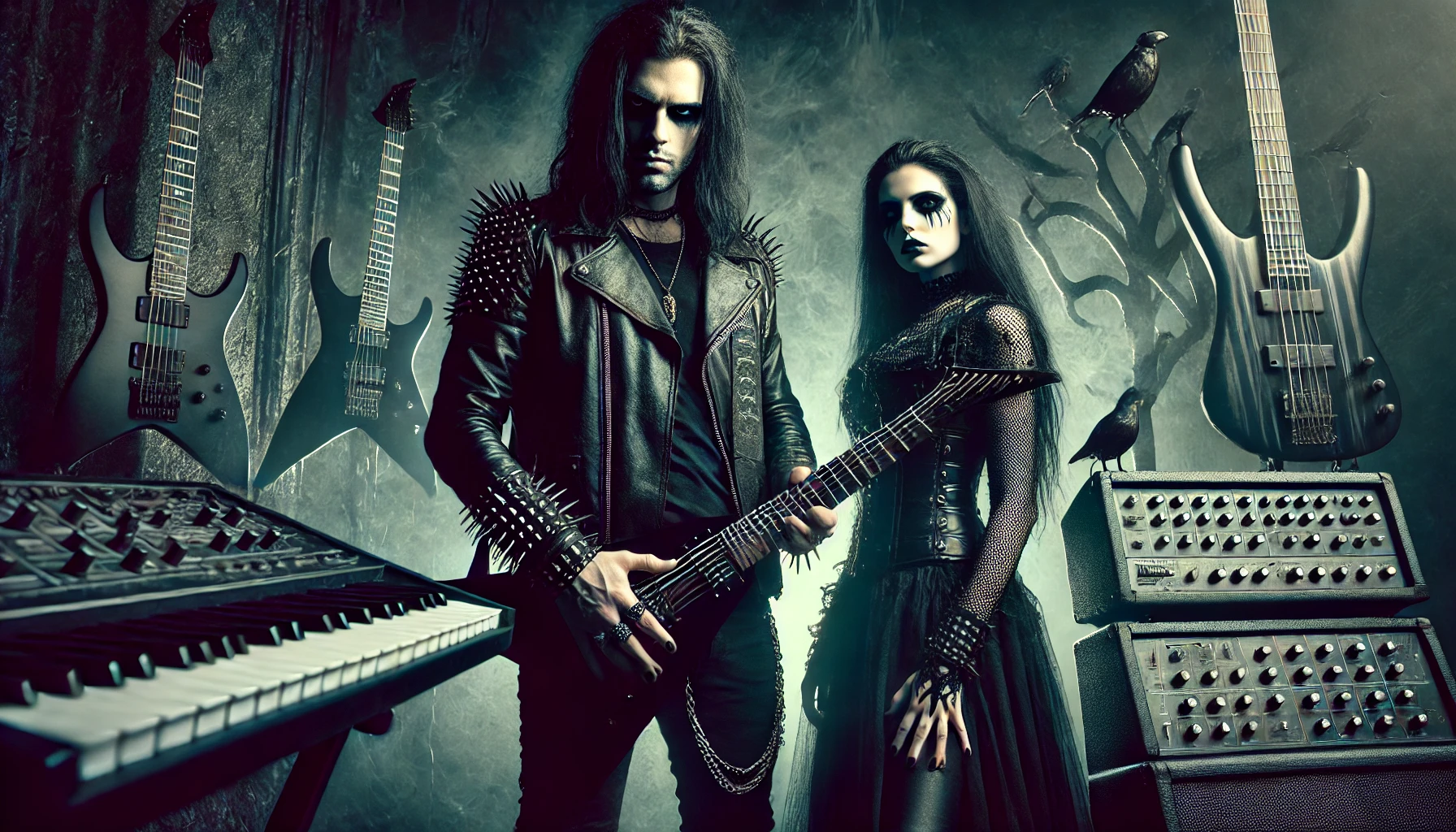 A dark and intense image featuring a man and woman with long black hair, both dressed in black, standing in a gothic environment. Their appearance is intimidating, with sharp guitars and dark symbols, creating a menacing, confrontational atmosphere. 