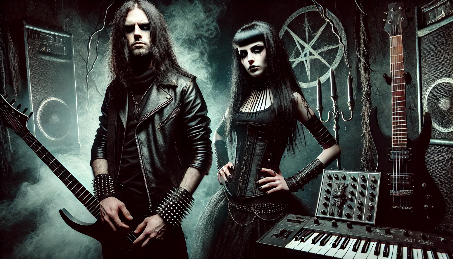 A dark and intense image featuring a man and woman with long black hair, both dressed in black, standing in a gothic, shadowy environment. Their appearance is deliberately intimidating, evoking a sense of unease with harsh lighting and ominous symbols.