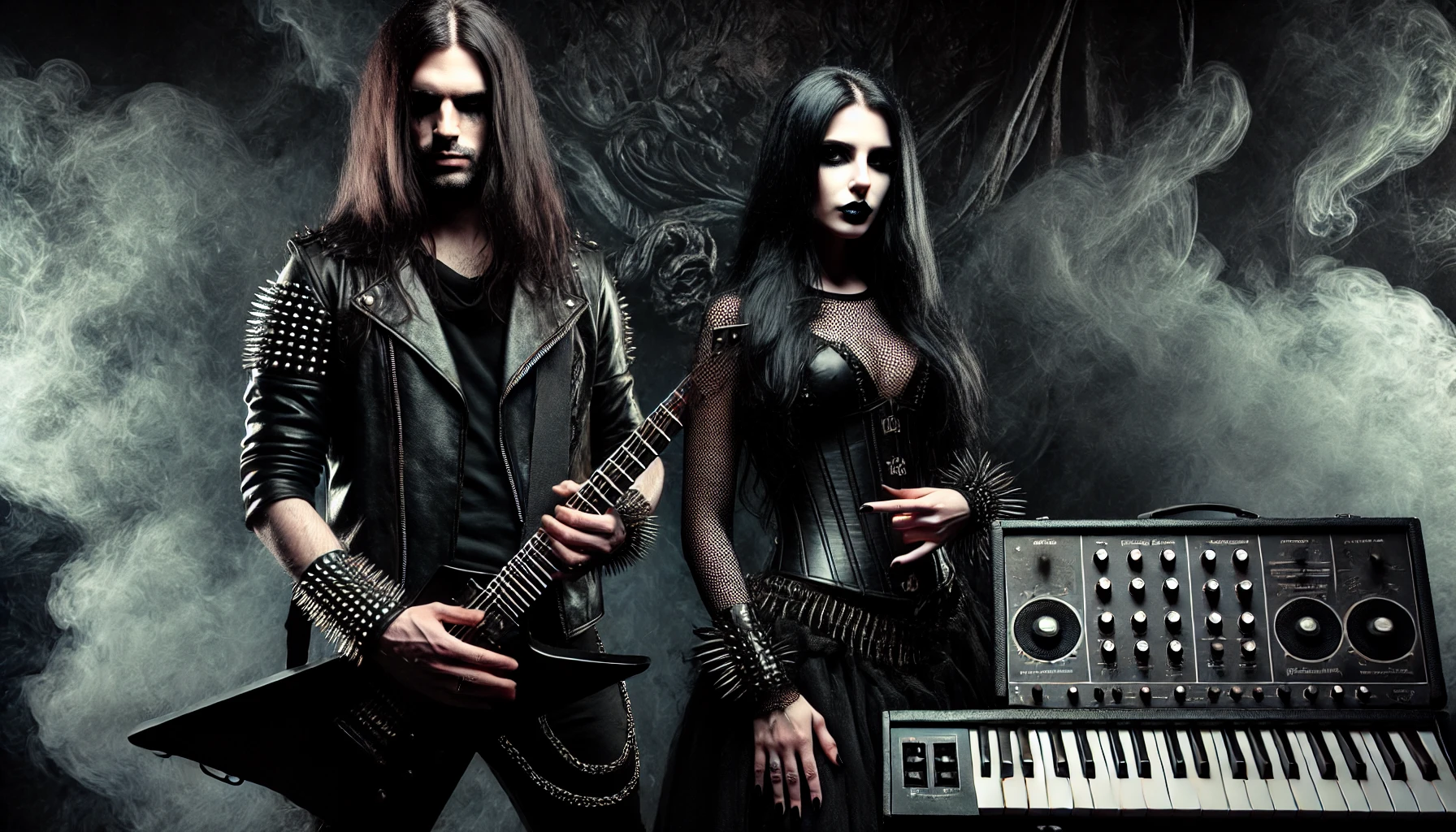 A dark and powerful image featuring a man and woman with long black hair, both dressed in black. They stand in a gothic, shadow-filled environment, exuding an intimidating presence with sharp, ominous details and a defiant spirit.