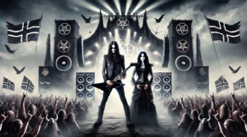 An iconic image capturing the essence of the Baltic Open Air 2024 festival, featuring a man and woman with long black hair dressed in black, standing powerfully in front of the main stage with intense lighting, surrounded by a crowd of metalheads and flying banners.