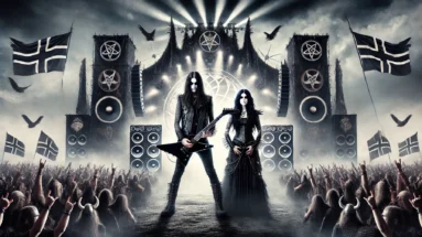 An iconic image capturing the essence of the Baltic Open Air 2024 festival, featuring a man and woman with long black hair dressed in black, standing powerfully in front of the main stage with intense lighting, surrounded by a crowd of metalheads and flying banners.