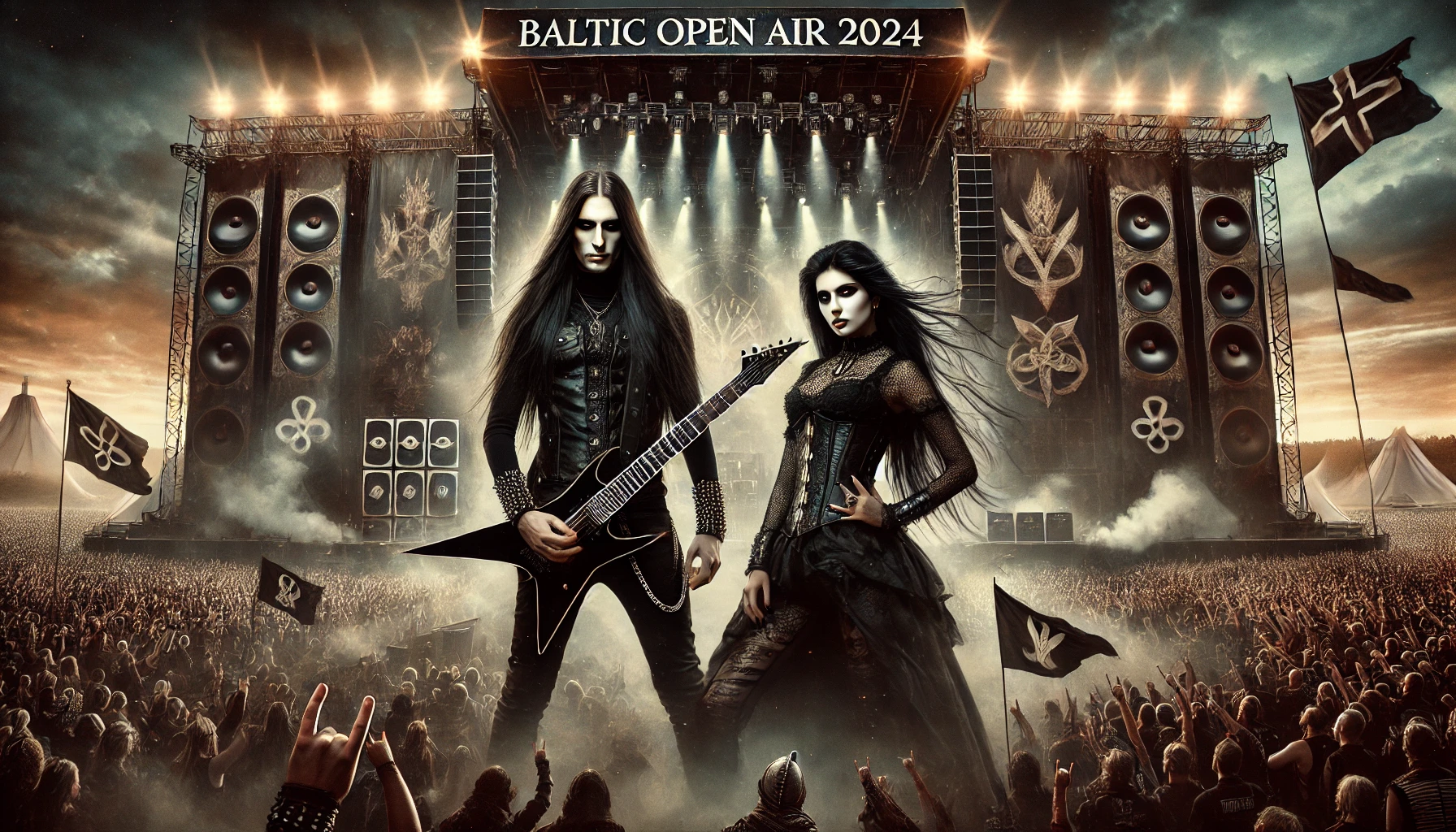 A powerful and iconic image representing the Baltic Open Air 2024 festival, showing a man and woman with long black hair, dressed in black, standing confidently in a gothic festival environment, with the stage illuminated and surrounded by metalheads and banners.