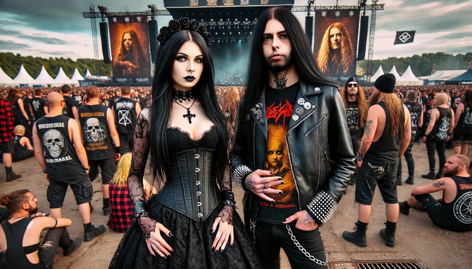Gothic woman and black metalhead man posing together at a music festival, surrounded by a crowd and band banners. The woman is in a black lace dress with gothic accessories, and the man is dressed in a band t-shirt and leather jacket.