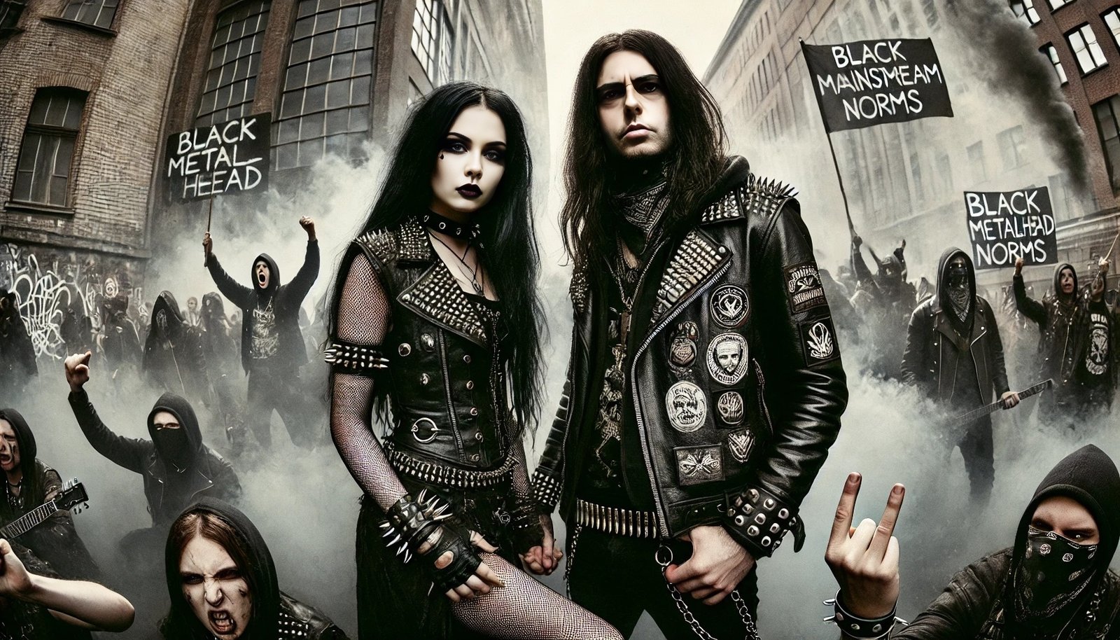 A gothic metalhead rebellious woman and a black metalhead man standing together in a riot against mainstream norms. The woman has long black hair, wears leather clothing with a spiked collar, and has a fierce expression. The man also has long black hair, wears a leather jacket with band patches, and has a stoic yet intense look. They are surrounded by a chaotic scene with protest signs, smoke, and graffiti, exuding an aura of defiance and individuality.