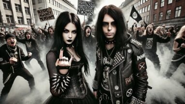 A gothic metalhead rebellious woman and a black metalhead man standing together in a riot against mainstream norms. The woman has long black hair, wears leather clothing with a spiked collar, and has a fierce expression. The man also has long black hair, wears a leather jacket with band patches, and has a stoic yet intense look. They are surrounded by a chaotic scene with protest signs, smoke, and graffiti, exuding an aura of defiance and individuality.