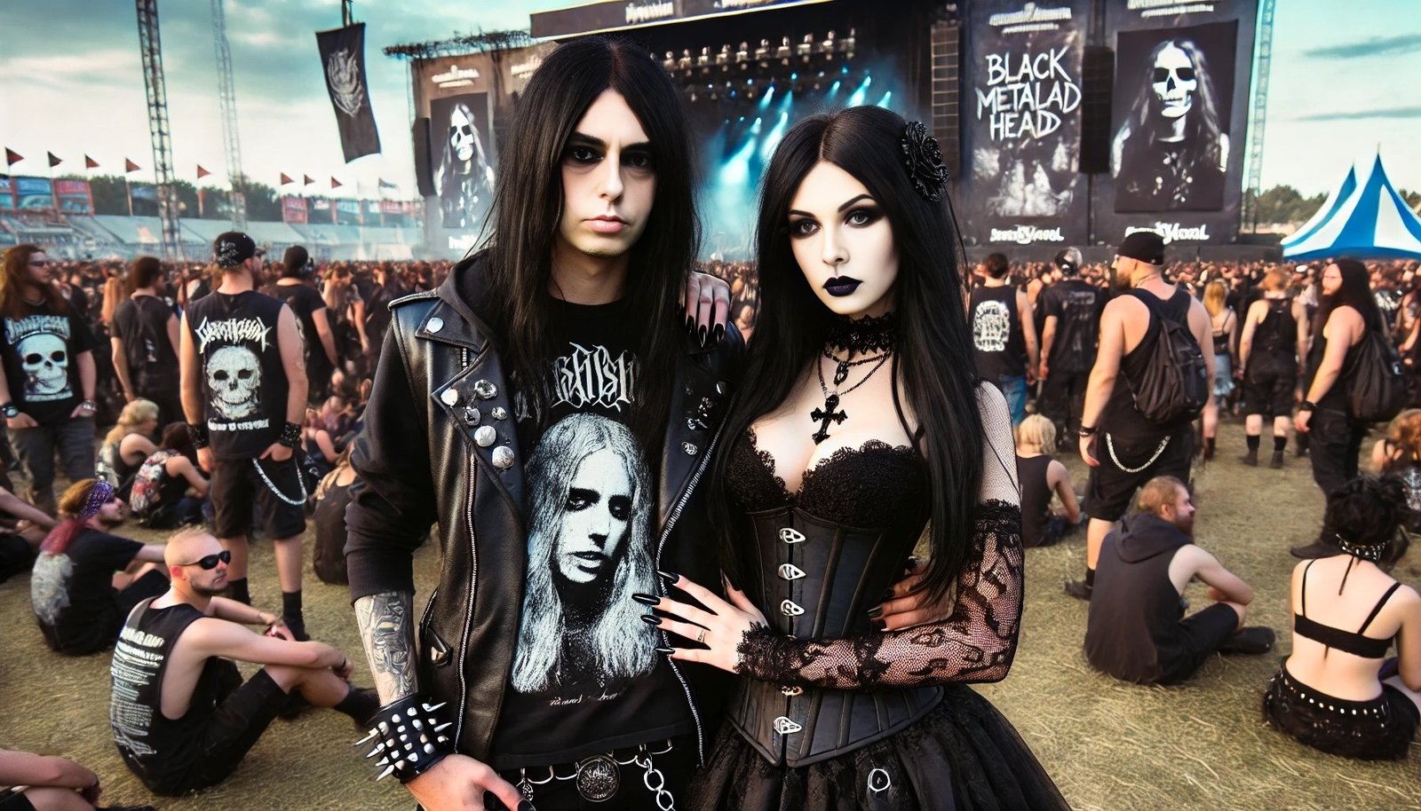 Gothic woman and black metalhead man standing together at a music festival, with a lively crowd and band banners in the background. The woman is in a black lace dress, and the man in a band t-shirt and leather jacket.