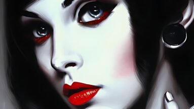 Close-up of a woman's face with dramatic makeup and red lips, showcasing a gothic aesthetic.