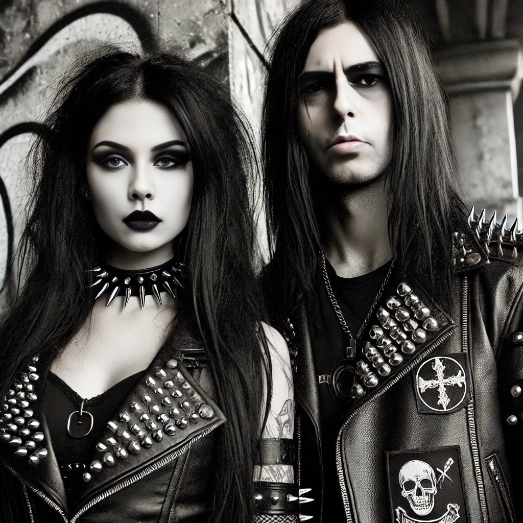 A gothic metalhead rebellious woman and a black metalhead man standing together in a riot against mainstream norms. The woman has long black hair, wears leather clothing with a spiked collar, and has a fierce expression. The man also has long black hair, wears a leather jacket with band patches, and has a stoic yet intense look. They are surrounded by a chaotic scene with protest signs, smoke, and graffiti, exuding an aura of defiance and individuality.