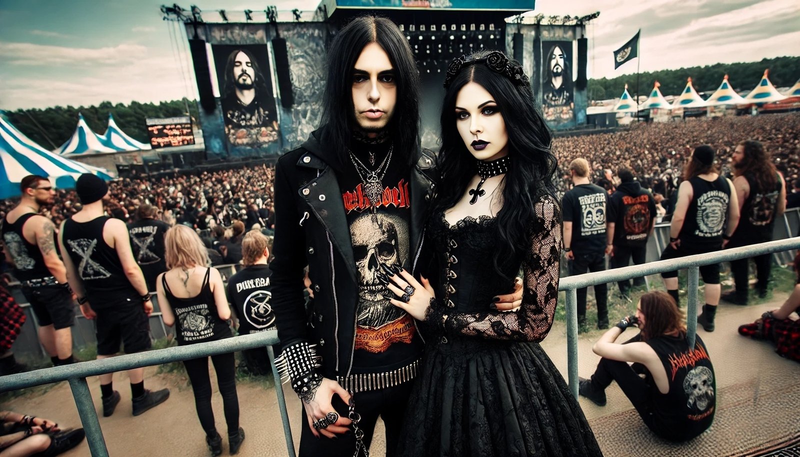 Hellfest 2024: Gothic woman and black metalhead man standing together at a lively music festival, surrounded by a crowd and metal band banners. The woman wears a black lace dress, and the man is dressed in a band t-shirt and leather jacket.