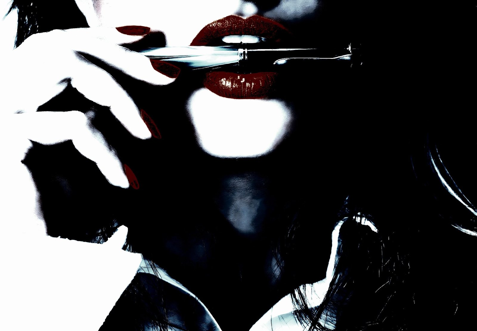 Close-up of a woman's lips with red lipstick and red nails holding a pen in her mouth, evoking a sense of mystery