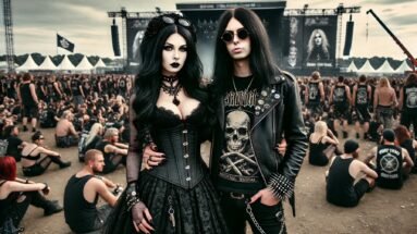 Gothic woman and black metalhead man standing close together at a metal festival, with stages, crowds, and band banners in the background. The woman is in a black lace dress, and the man in a leather jacket and band t-shirt.
