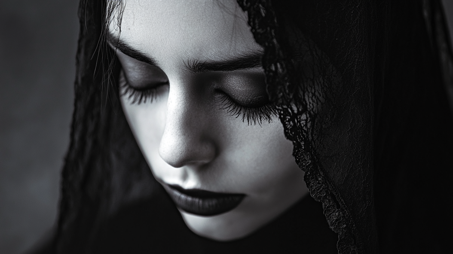 A gothic woman with pale skin and dark, Victorian-style clothing sits solemnly in a dimly lit room, symbolizing compassion and mourning.