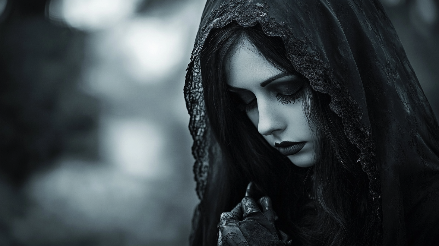 A gothic woman in dark, lace attire stands outdoors with her head bowed, capturing a sense of reflection and dignity.