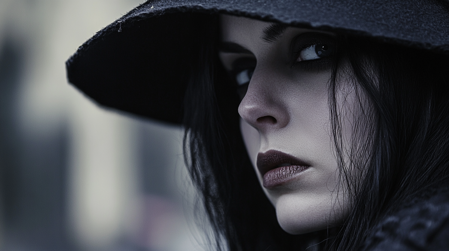 Close-up of a gothic woman with black hair, pale skin, and dark makeup wearing a wide-brimmed hat, reflecting a somber and intense expression. 
