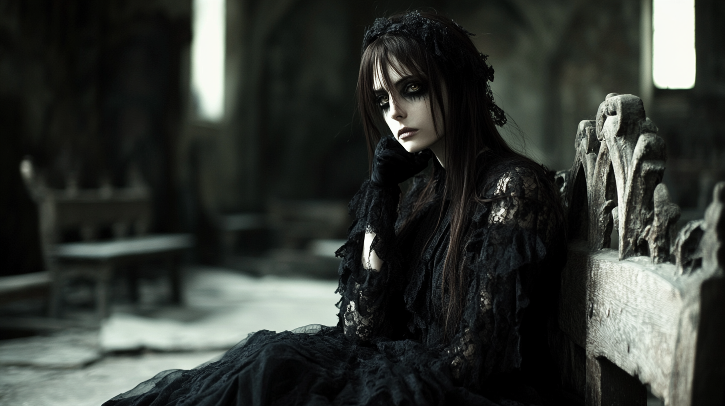 Close-up of a gothic woman's face with her eyes closed and wearing a lace veil, conveying a mood of quiet contemplation and respect. 