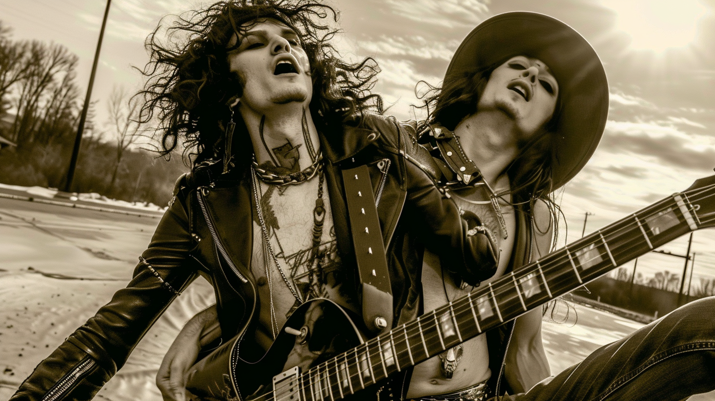 Two metalhead men passionately playing guitars outdoors, with long hair blowing in the wind.
