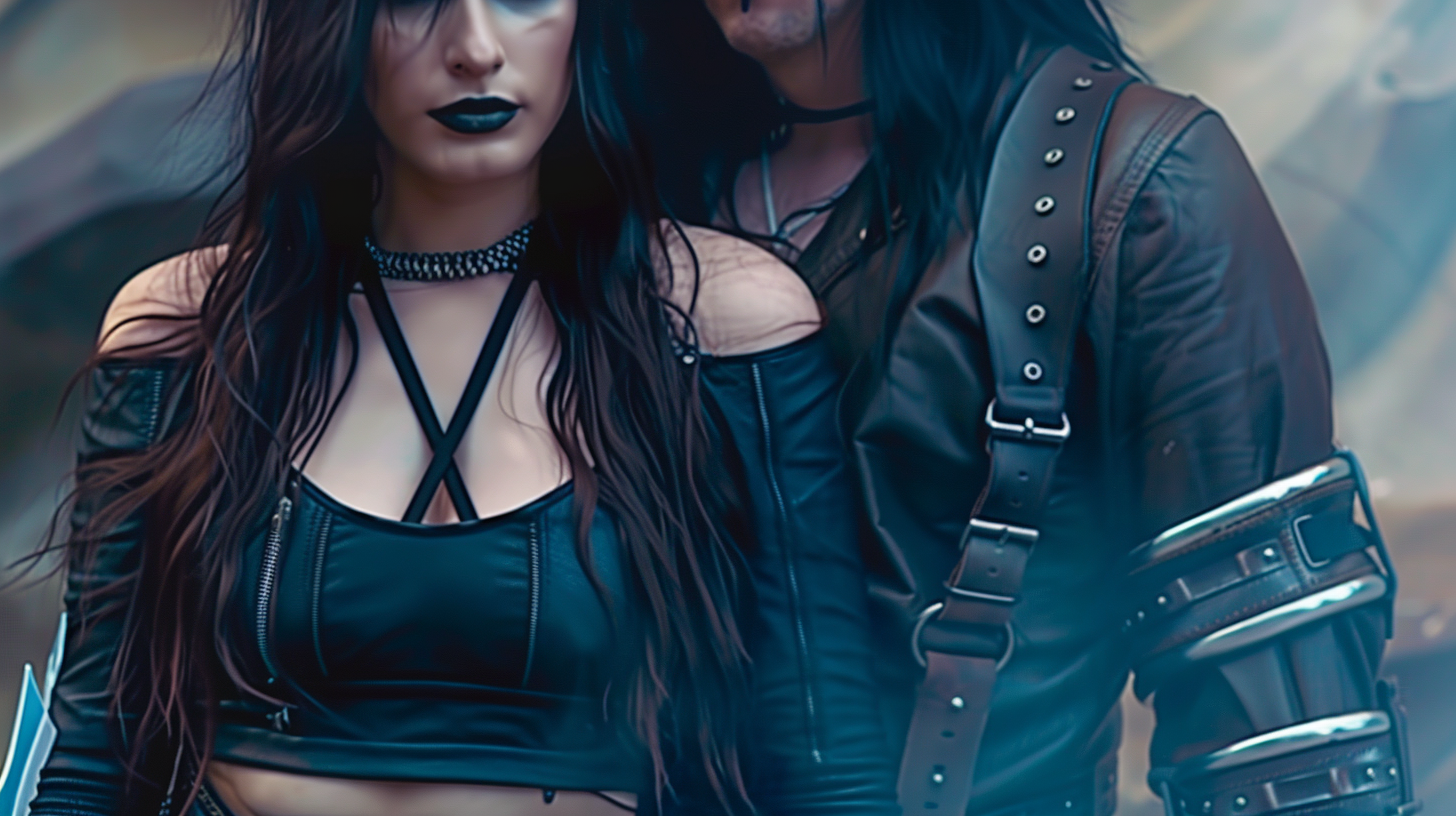 Gothic duo in leather and studs, highlighting The Heaviest Metal Collaborations of All Time.