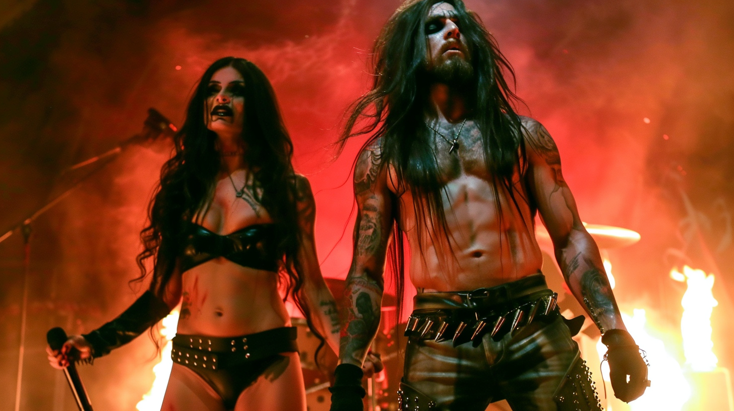 Dynamic metal performance with fiery stage presence, illustrating The Heaviest Metal Collaborations of All Time.