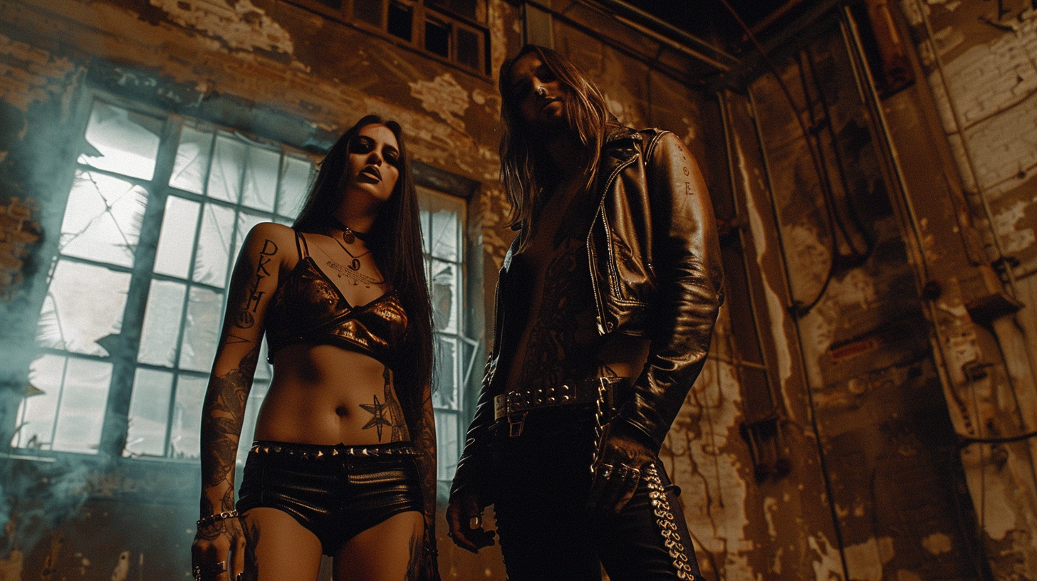 Fierce metal couple in an industrial setting, embodying The Heaviest Metal Collaborations of All Time.