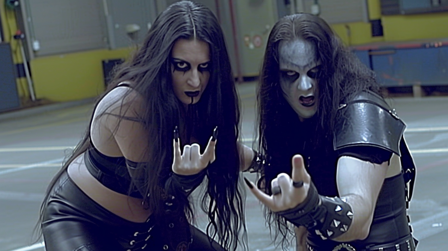 Gothic metalheads making the devil horns gesture, showcasing The Heaviest Metal Collaborations of All Time.